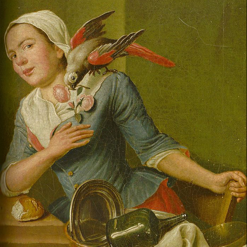 1760, Peter Jakob Horemans - Küchenstillleben mit weiblicher Figur und Papagei, Detail